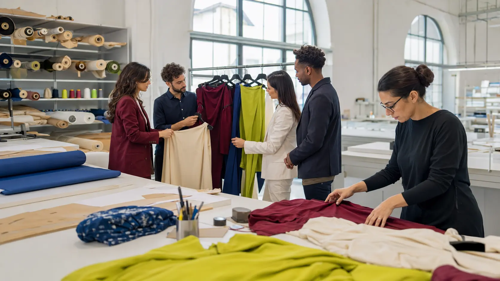 Italian clothing professionals reviewing garments in a Prato apparel studio